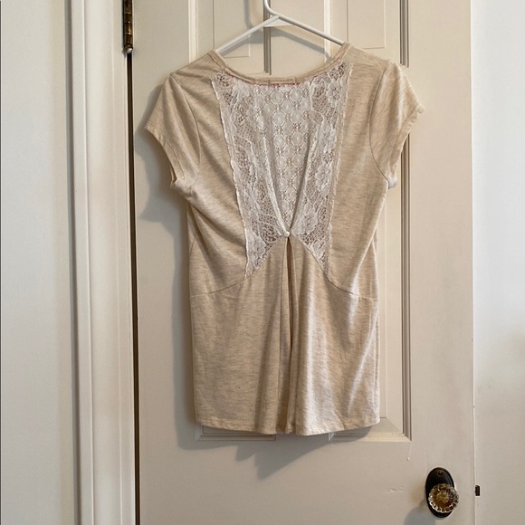 Taylor & Sage Tan Asymmetrical Blouse with Cream Lace - Picture 2 of 3